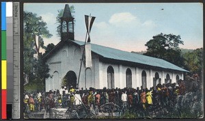 Congregation standing outside a chapel, Togo, ca. 1920-1940