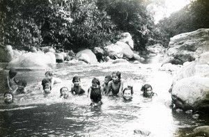 Group of girls bathing in river, Peru, ca. 1947