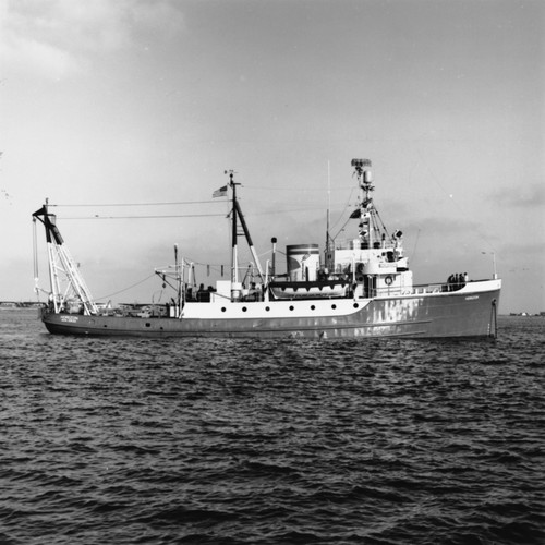 A view of the starboard side of the Scripps Institution of Oceanography research vessel, R/V Horizon. September 15, 1960