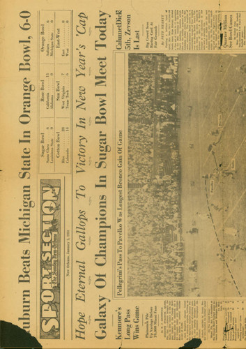 January 2, 1938 Santa Clara Sugar Bowl Victory Headline