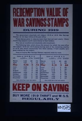 Redemption value of War Savings Stamps during 1919. The government cheerfully will redeem 1918 or 1919 War Savings Stamps on ten days notice at the post office. These stamps grow in value by more than four per cent yearly. Every month they become worth more money to their holders ... The following table ... shows the amount for which the post office will redeem 1918 and 1919 stamps. ... Keep on saving. Buy more 1919 Thrift and W.S.S. regularly
