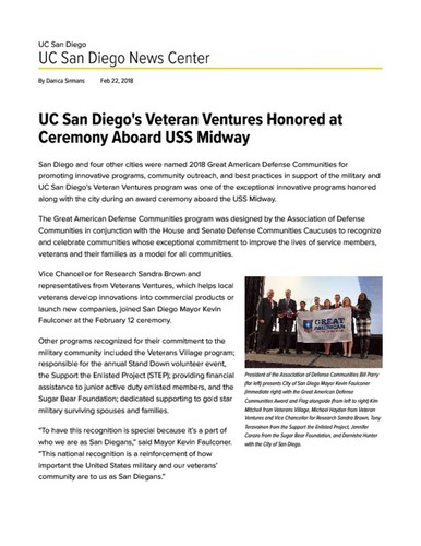 UC San Diego's Veteran Ventures Honored at Ceremony Aboard USS Midway