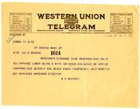Telegram from William Randolph Hearst to Julia Morgan, June 27, 1921