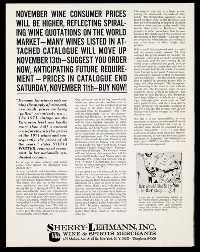 Sherry-Lehmann, Inc. Wine & Spirits Merchants Insert: "November wine consumer prices will be higher..."