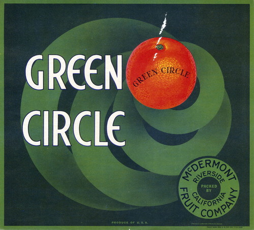 Crate label, "Green Circle." Packed by McDermont Fruit Company, Riverside, California