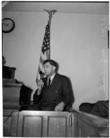Harlan Bunker, father of murder victim Marilyn Bunker, provides witness testimony in court, Los Angeles, 1940