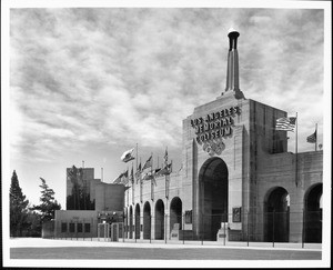 A low-angle view of the entrance of the Los Angeles Memorial Coliseum
