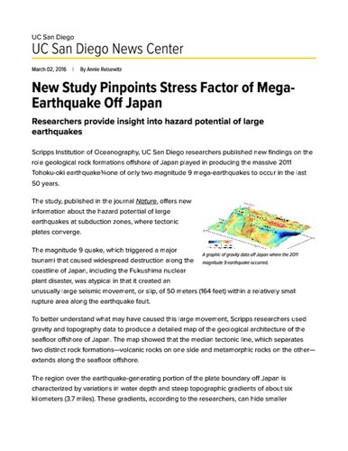 New Study Pinpoints Stress Factor of Mega-Earthquake Off Japan