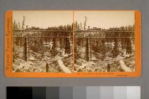 Long Ravine Bridge from below, 120 feet high. Watkins' Pacific Railroad [California]