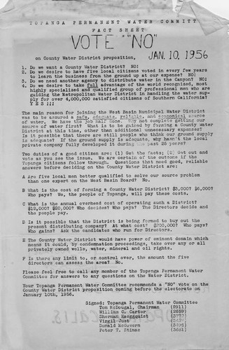 Topanga Permanent Water Committee Fact sheet mimeograph referring to the January 10, 1956 election regarding formation of the Topanga County Water District