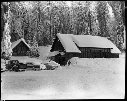Winter Scenes, Giant Forest Village in snow. Concessioner Facilities. Vehicular use