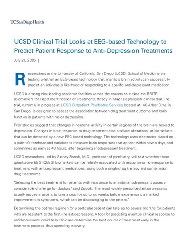 UCSD Clinical Trial Looks at EEG-based Technology to Predict Patient Response to Anti-Depression Treatments