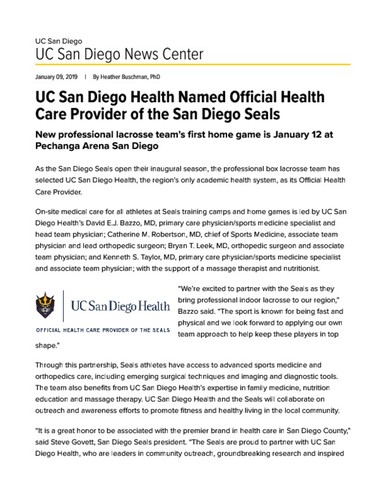 UC San Diego Health Named Official Health Care Provider of the San Diego Seals