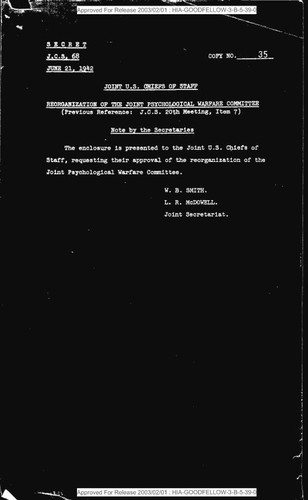 W. B. Smith and L. R. McDowell note regarding reorganization of the Joint Psychological Warfare Committee, with enclosed directive