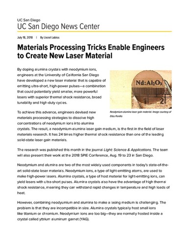 Materials Processing Tricks Enable Engineers to Create New Laser Material