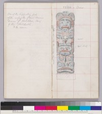 Notebook entry of description and drawing of a Chilkat totem pole, captioned: Yegh = Crow (two page spread)