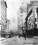 [View looking south down Kearny St. toward Market St. and burning of Call Building, center]