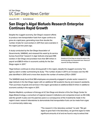 San Diego’s Algal Biofuels Research Enterprise Continues Rapid Growth