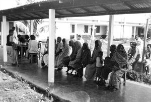 Danish Bangladesh Leprosy Mission/DBLM, 1981. Nilphamari Hospital. Patients waiting at the vera