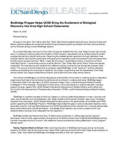 BioBridge Progam Helps UCSD Bring the Excitement of Biological Discovery Into Area High School Classrooms