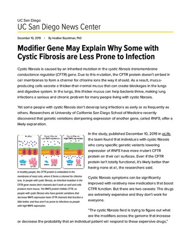 Modifier Gene May Explain Why Some with Cystic Fibrosis are Less Prone to Infection