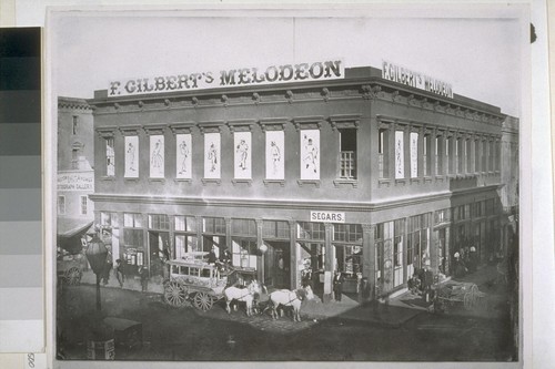 Northeast corner of Clay and Kearny Streets. Gilbert's Melodeon; stage terminal opposite the Plaza, "Yellow Line" stages ran on the old plank road to the Mission Dolores (officially the Omnibus Line); Pioneer Saloon; advertisement for "segars."