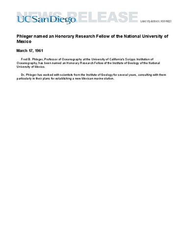 Phleger named an Honorary Research Fellow of the National University of Mexico