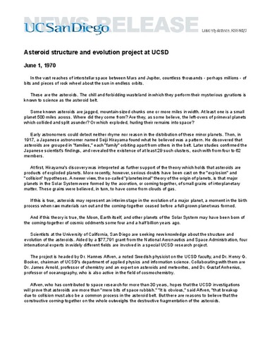 Asteroid structure and evolution project at UCSD