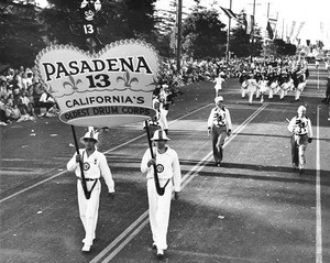 The Pasadena 13 Drum Corps march in the American Legion Parade