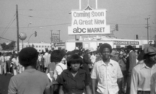 ABC Market recruitment event participants gathering in a parking lot, Los Angeles, 1983