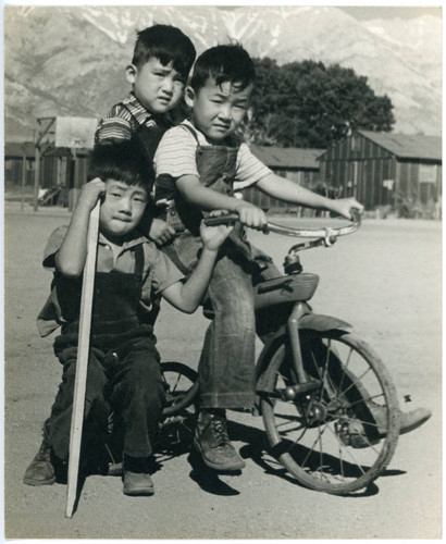 Photograph of three boys, two are on a tricycle, the other is holding a stick
