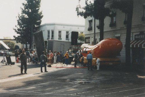 Oscar Mayer commercial film crew in Plaza Square, Orange, California, 1998