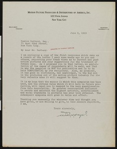 William Harrison Hays, letter, 1923-06-05, to Hamlin Garland