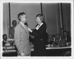 Lee Bacon receiving an honorary life membership in the Petaluma Council, Parents and Teachers, Petaluma, California, March 4, 1955