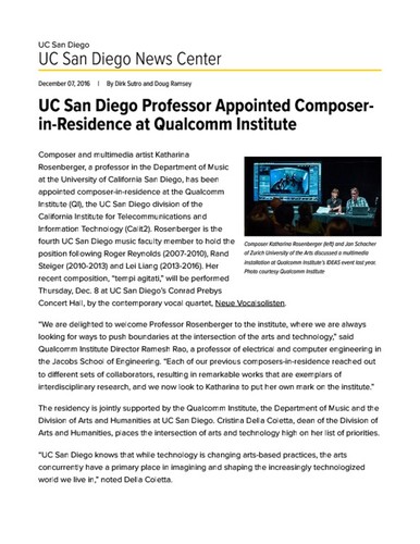 UC San Diego Professor Appointed Composer-in-Residence at Qualcomm Institute
