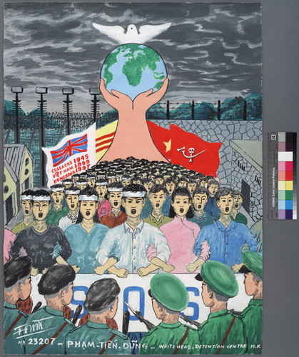 Painting that depicts crowd of Vietnamese protesting in front of officers