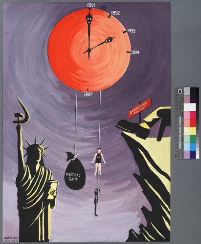 Painting of an orange clock with a sand bag hanging from it