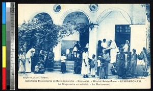 Women and children by a dispensary, Kumbakonam, India, ca.1920-1940