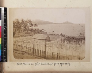 View of church built near shore, Port Moresby, Papua New Guinea, ca. 1890