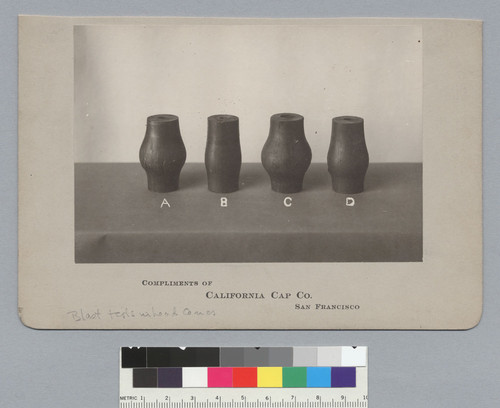 Blast tests in lead cones #1, (A, B, C, D), California Cap Company. [photographic print]