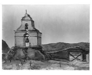 Painting depicting a bell tower in the cemetery of the Mission Asistencia de San Antonio at Pala, 1898