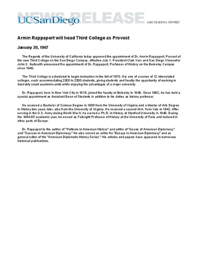 Armin Rappaport will head Third College as Provost