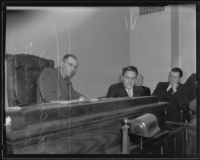 Deputy Coroner Frank Monfort listens to Hal Bowman’s testimony, Los Angeles, 1935