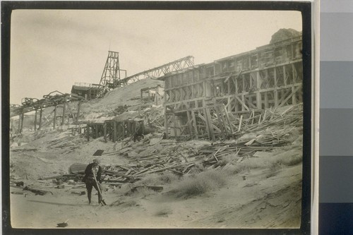 Jan 13 at 10:30 a.m. we leave Rhyolite and on the way out we stop at the Montgomery Shoshone mine the largest of its day. Here they had a blow hole, shaft with elevator and cyanide tanks; the Montgomery--Shoshone mine