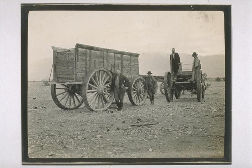 One of the wagons used to half Borax in the days of the 20 mule teams. This wagon weighed 7 tons and was loaded with 20 tons of Borax. The tires on the wheels were 10 inches