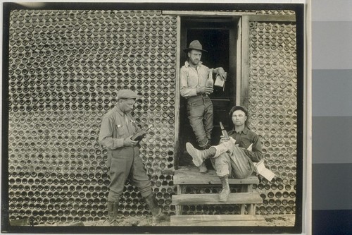 The back porch of the Bottle House. Bottles were free and many of them. Other building materials were scarce. There were about 30 or more Saloons in Rhyolite; the back porch of the Bottle House