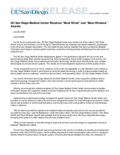 UC San Diego Medical Center Receives “Most Wired” and “Most Wireless” Awards