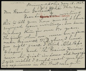 Emma Hollemback, letter, 1929-01-12, to Hamlin Garland