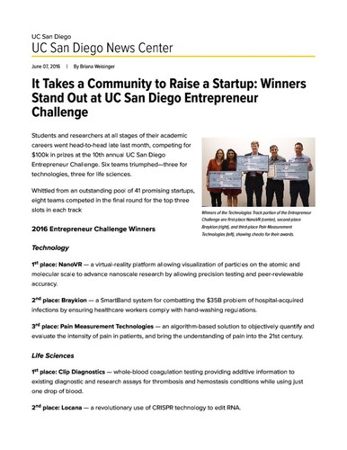 It Takes a Community to Raise a Startup: Winners Stand Out at UC San Diego Entrepreneur Challenge