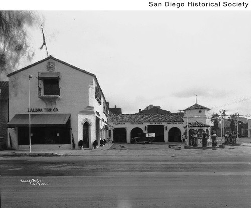 Exterior of the Balboa Tire Company and accompanying gas station